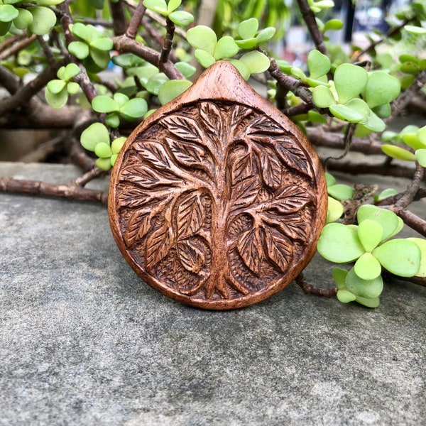 Kadamb Wood TREE OF LIFE Carved Statement Pendant, Handmade Handcarved Handcrafted Cocktail Jewelry, 55 mm X 63 mm, D-4