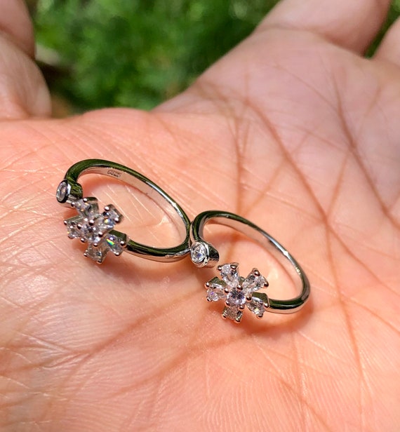 2 Pc 925 Sterling Silver Cz Toe Rings Adjustable High Polish