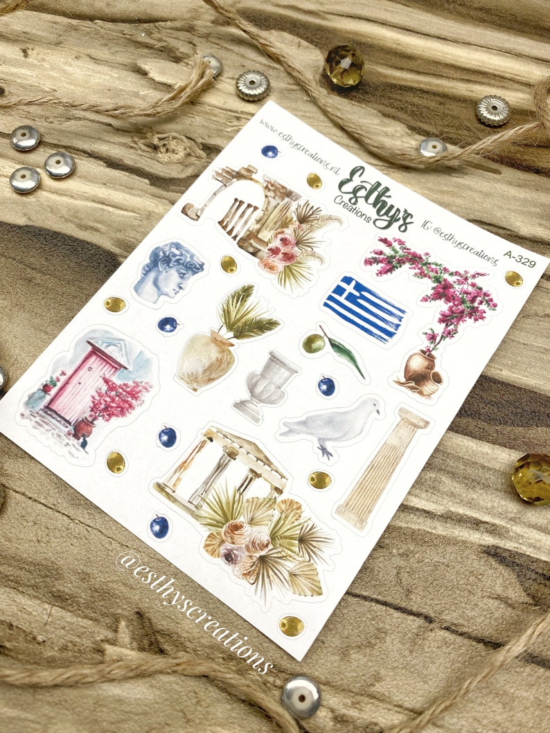 Griekenland stickers, travel stickers, griekse tempel, bloemen, keramiek, vlag, duif, olijven, bulletjournal stickers, planner, scrapbook afbeelding 6