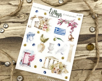 Griekenland stickers, travel stickers, griekse tempel, bloemen, keramiek, vlag, duif, olijven, bulletjournal stickers, planner, scrapbook