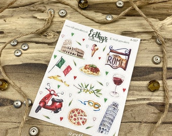 Italie stickers, Rome, Venetie, toren van Pisa, Vespa, pizza, pasta, masker, colosseum, wijn, bulletjournal stickers, planner, scrapbook