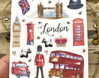 London stickers, travel stickers, citytrip stickers, Towerbridge, London bus, taxi, flag, phonecel, bulletjournal, planner, scrapbook