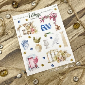 Griekenland stickers, travel stickers, griekse tempel, bloemen, keramiek, vlag, duif, olijven, bulletjournal stickers, planner, scrapbook afbeelding 4