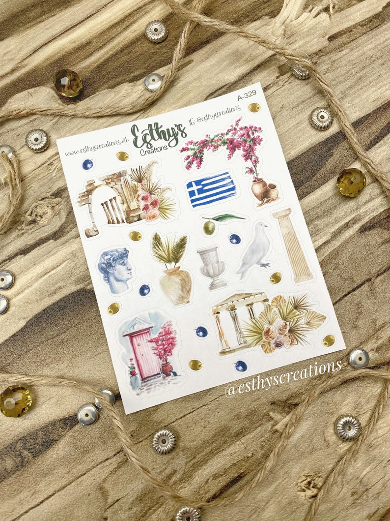 Griekenland stickers, travel stickers, griekse tempel, bloemen, keramiek, vlag, duif, olijven, bulletjournal stickers, planner, scrapbook afbeelding 4