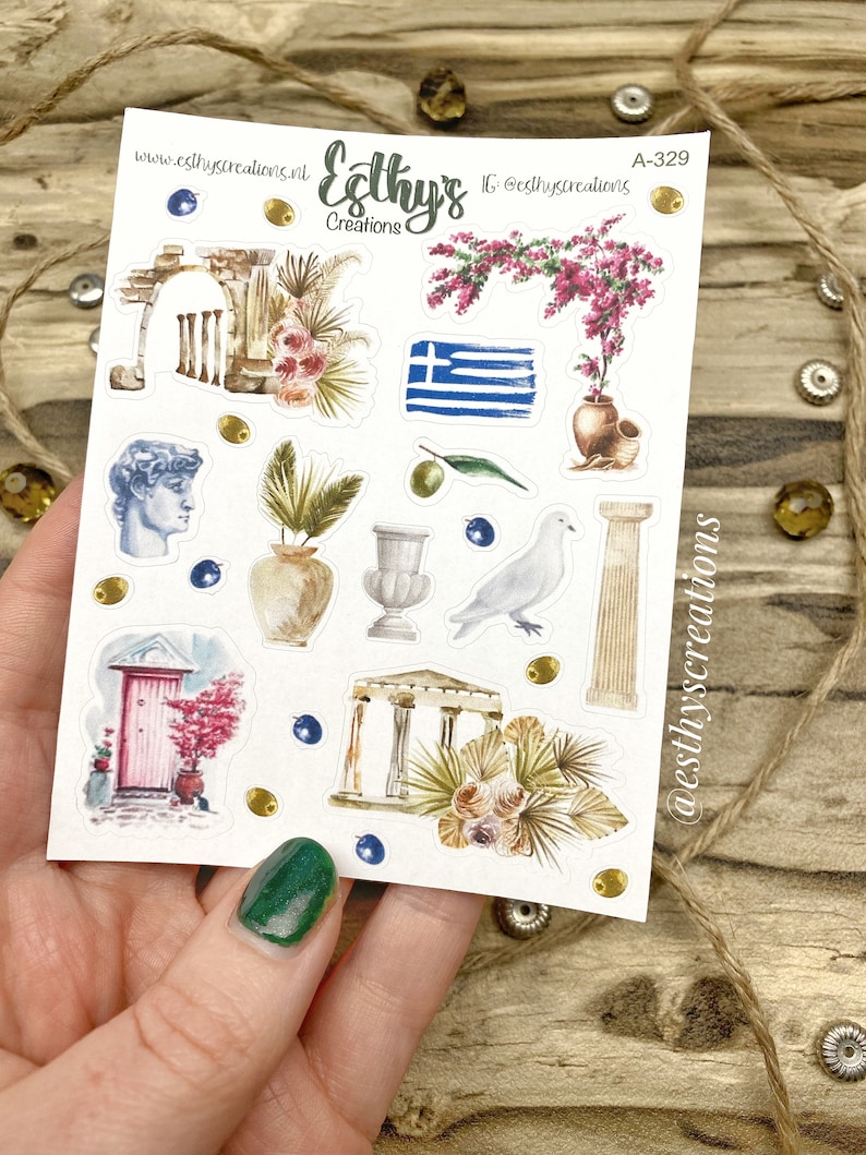 Griekenland stickers, travel stickers, griekse tempel, bloemen, keramiek, vlag, duif, olijven, bulletjournal stickers, planner, scrapbook afbeelding 8