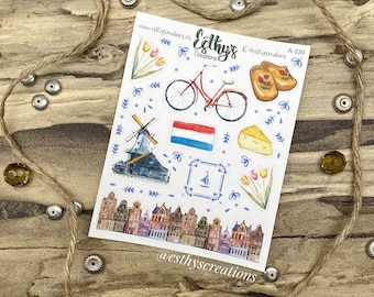 Nederland stickers, Holland, Dutch, molen, kaas, klompen, Amsterdam, grachtenpanden, tulpen, delftsblauw, bulletjournal, planner, scrapbook