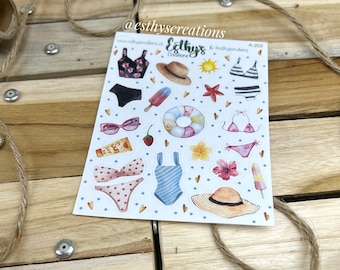 Badkleding stickers, badpak, bikini, zomer stickers, ijs, zonnehoed, zonnebrand, hibiscus, zonnebril, bujo, bulletjournal, planner stickers