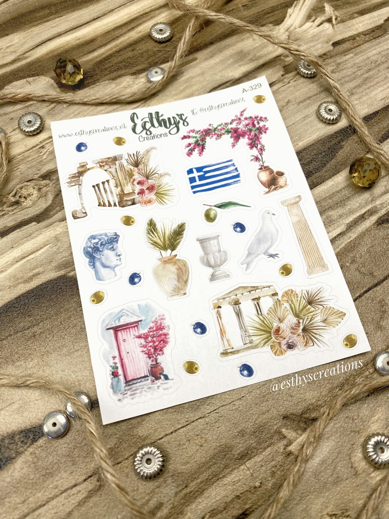 Griekenland stickers, travel stickers, griekse tempel, bloemen, keramiek, vlag, duif, olijven, bulletjournal stickers, planner, scrapbook afbeelding 3