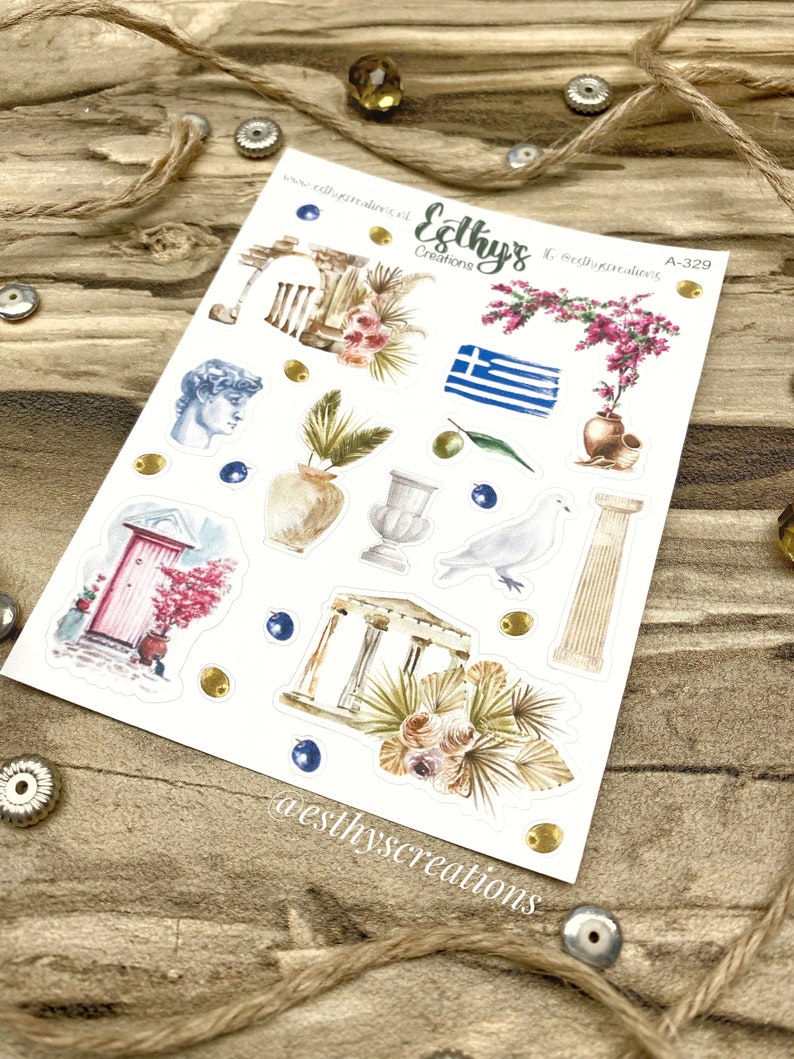 Griekenland stickers, travel stickers, griekse tempel, bloemen, keramiek, vlag, duif, olijven, bulletjournal stickers, planner, scrapbook afbeelding 7