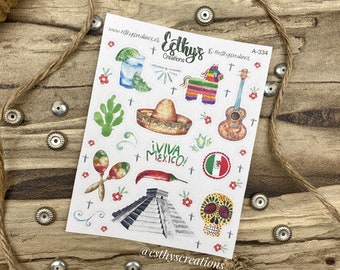 Mexico stickers, travel stickers, vakantielanden, vakantie, bulletjournal stickers, planner stickers, scrapbook, sombrero, cactus, pinata