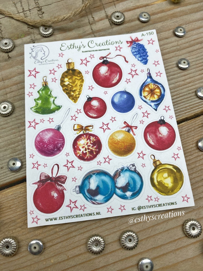 Kerstballen stickers, kerst ornamenten, strik, kerstboom, kerstster, Travelers Notebook, Bulletjournal stickers, Planner stickers, scrapbook afbeelding 3