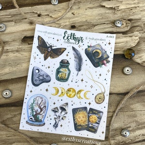 Dark Academia - Sol e Lua, livro de sombras, mariposa, vintage, adesivos de bullet journal, adesivos de planner, adesivos de bujo