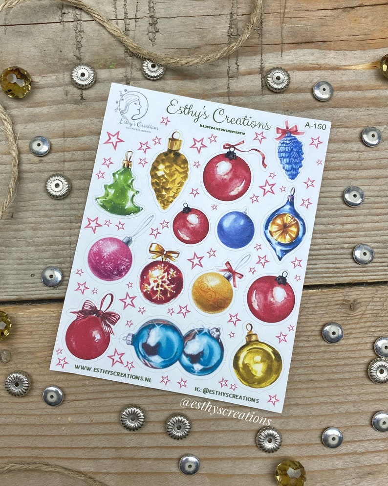 Kerstballen stickers, kerst ornamenten, strik, kerstboom, kerstster, Travelers Notebook, Bulletjournal stickers, Planner stickers, scrapbook afbeelding 1