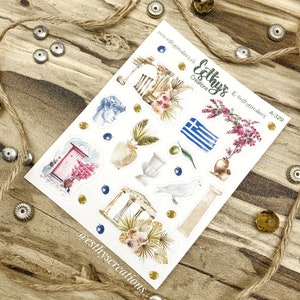Griekenland stickers, travel stickers, griekse tempel, bloemen, keramiek, vlag, duif, olijven, bulletjournal stickers, planner, scrapbook afbeelding 5
