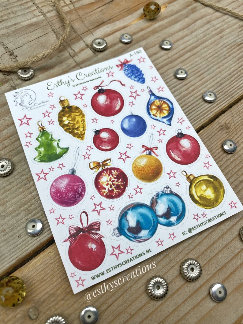 Kerstballen stickers, kerst ornamenten, strik, kerstboom, kerstster, Travelers Notebook, Bulletjournal stickers, Planner stickers, scrapbook afbeelding 5