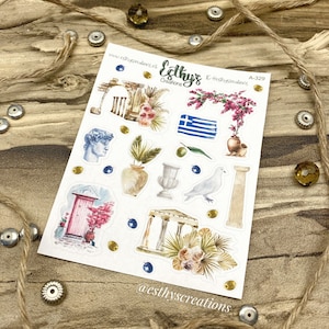 Griekenland stickers, travel stickers, griekse tempel, bloemen, keramiek, vlag, duif, olijven, bulletjournal stickers, planner, scrapbook afbeelding 2