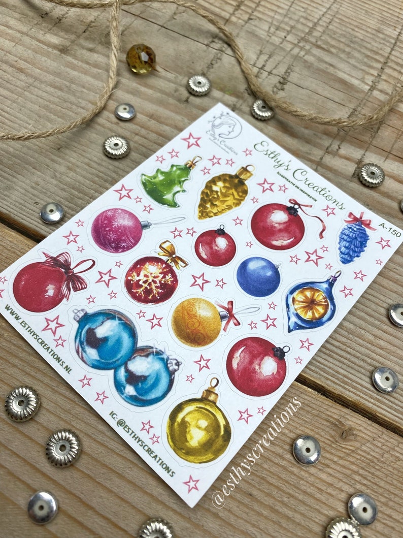 Kerstballen stickers, kerst ornamenten, strik, kerstboom, kerstster, Travelers Notebook, Bulletjournal stickers, Planner stickers, scrapbook afbeelding 6