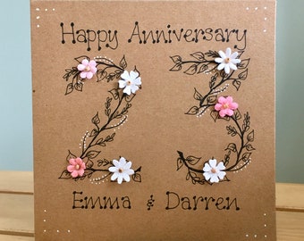 Wedding Anniversary Card , Handmade, hand drawn, bespoke, unique, personalised card, cute, floral, flowers, Anniversary, Happy Anniversary.