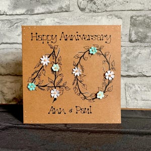 Tarjeta de aniversario de bodas, hecha a mano, dibujada a mano, a medida, única, tarjeta personalizada, linda, floral, flores, aniversario, feliz aniversario.