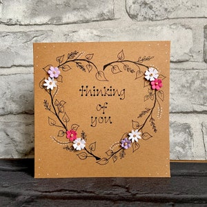 Je pense à toi carte, fait à la main, dessiné à la main, sur mesure, Unique, mignon, sentimental, carte de deuil, carte de sympathie, tu me manques, coeur Floral