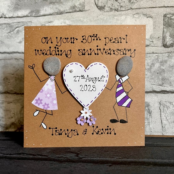Tarjeta De Aniversario De Boda Personalizada Con 30 Perlas - Hecha A Mano, Color Beige, Incluye Sobre, Ideal Para 30 Años De Matrimonio