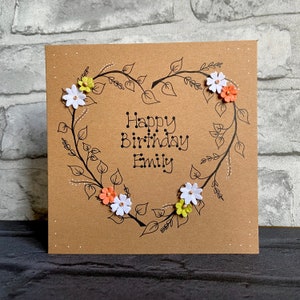 Personalised Happy Birthday Card, Heart, Flowers, Mum, Auntie, Grandma, Nanny, Friend, for Her, Handmade, hand-drawn