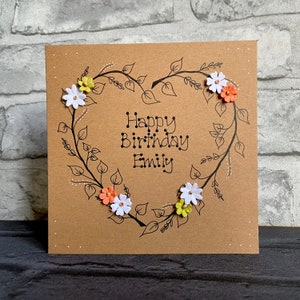 Personalisierte Geburtstagskarte, Herz, Blumen, Mama, Tante, Oma, Nanny, Freund, für Sie, handgemacht, handgezeichnet