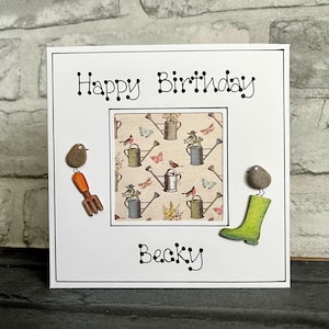 Handmade Personalised Birthday card, Gardening Birthday Card, Hand-drawn, Unique Pebble Card, Nature, Birds, Birthday Card for Husband Wife