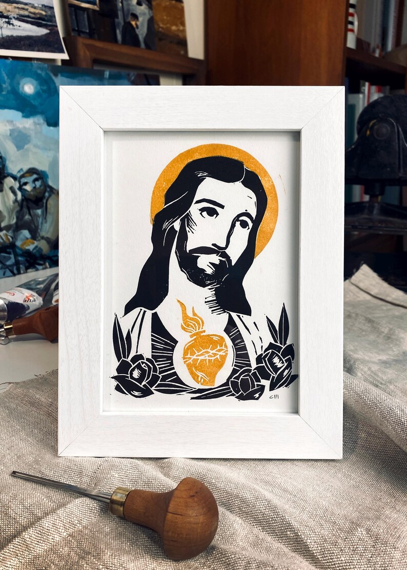 Linocut Jesus Original Linocut / Most Sacred Heart of Jesus - Etsy