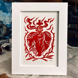 Original Linocut / Sacred Heart in Red