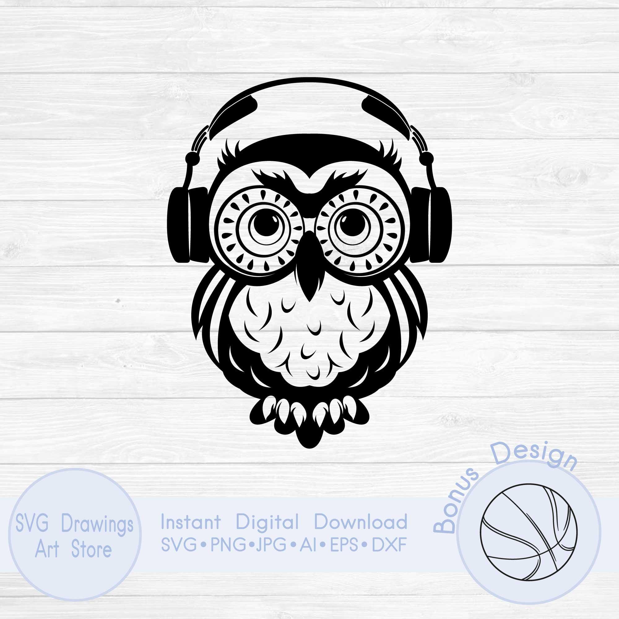 Owl with headphones svg, Musical owl svg, Cute owl svg, Bird svg drawing