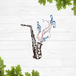 Saxofone com notas e música kay svg, saxofone tenor svg, jazz svg, estêncil de saxofone, saxofone realista svg