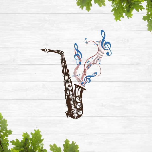 Saxophone with notes and music kay svg, tenor saxophone svg, jazz svg, saxophone stencil, realistic saxophone svg