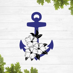 Kotwica i kwiat hibiskusa svg, kwiatowa kotwica svg, kotwica morska svg, kotwica okrętowa svg
