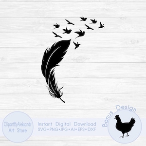 May include: A black feather with a flock of birds flying upwards. The feather is detailed with fine lines, and the birds are silhouetted against a white wooden background. The image includes text: "Instant Digital Download".
