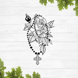 Roos met rozenkrans SVG, bidden met bloemen SVG, kruis en roos SVG