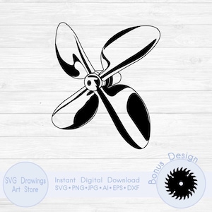 May include: A black and white illustration of a four-bladed propeller. The blades are curved and glossy. The image includes text: "SVG Drawings Art Store" and "Instant Digital Download".