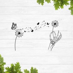 Diente de león svg, mano de esqueleto que sostiene un diente de león, diente de león con mariposas svg, flor de diente de león svg, flor silvestre svg