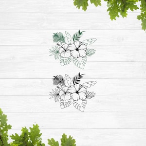 Buquê de hibisco svg, cacho de hibisco svg, decalque de flores svg, flores da primavera svg, guirlanda de flores svg, modelo svg de flores tropicais