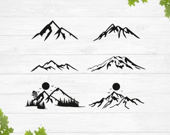 May include: Set of six black and white mountain range silhouette illustrations. The mountains are in various styles, some with a sun and birds, others with trees.