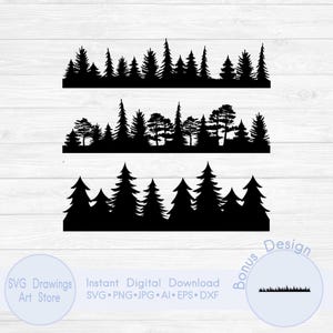Línea de árboles SVG, Bosque de árboles SVG, Silueta de árbol SVG, Bosque SVG, Campamento SVG, Naturaleza SVG, Árboles SVG, Pinos SVG, Bosque de pinos SVG