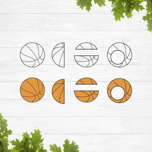 Pode incluir: Um conjunto de oito arquivos de corte SVG com tema de basquete. Os arquivos incluem uma bola de basquete completa, uma meia bola de basquete, uma bola de basquete cortada ao meio horizontalmente e uma bola de basquete com um círculo cortado no centro. Os arquivos estão em preto e laranja.