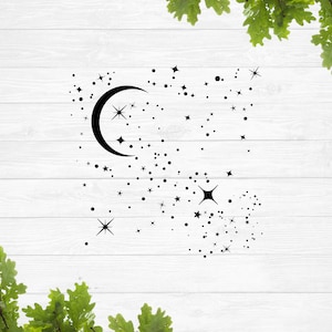 Maan en sterren SVG, sterrenhemel SVG, nachtelijke hemel SVG, vallende sterren patroon SVG, verspreide sterren SVG, sterren achtergrond SVG, Sparkle SVG