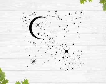 Moon and stars svg, starry sky svg, night sky svg, falling stars pattern svg, scattered stars svg, stars background svg, sparkle svg