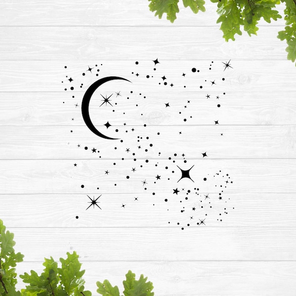 Moon and stars svg, starry sky svg, night sky svg, falling stars pattern svg, scattered stars svg, stars background svg, sparkle svg