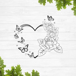Coeur floral svg, svg coeur avec roses et papillons, coeur avec fleurs svg, svg Happy Valentines Day, svg couronne de fleurs, svg amour