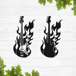 Svg de guitare basse brûlant, svg de guitare flamboyante, guitare basse avec le feu svg, svg de silhouette de guitare, svg de contour de guitare, svg de musique
