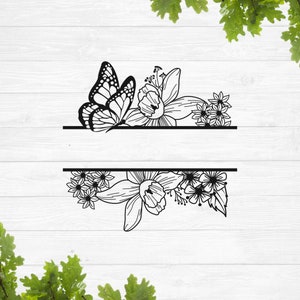 Marco floral SVG, Marco dividido con mariposa SVG, Monograma floral dividido SVG, Marco de boda SVG, Marco de nombre dividido SVG, Borde de flores SVG