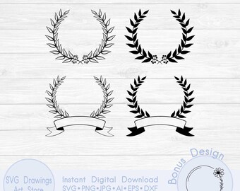 Monogramma con corona d'alloro svg, bordo di foglie svg, corona nuziale svg, cerchio svg, corona floreale svg, cornice circolare svg, corona disegnata a mano svg