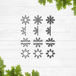 Pode incluir: Uma coleção de desenhos de flocos de neve pretos em vários estilos. Os desenhos incluem flocos de neve completos, meios flocos de neve e flocos de neve com centros circulares. Os flocos de neve são exibidos em um fundo de madeira branca com folhas verdes nos cantos.